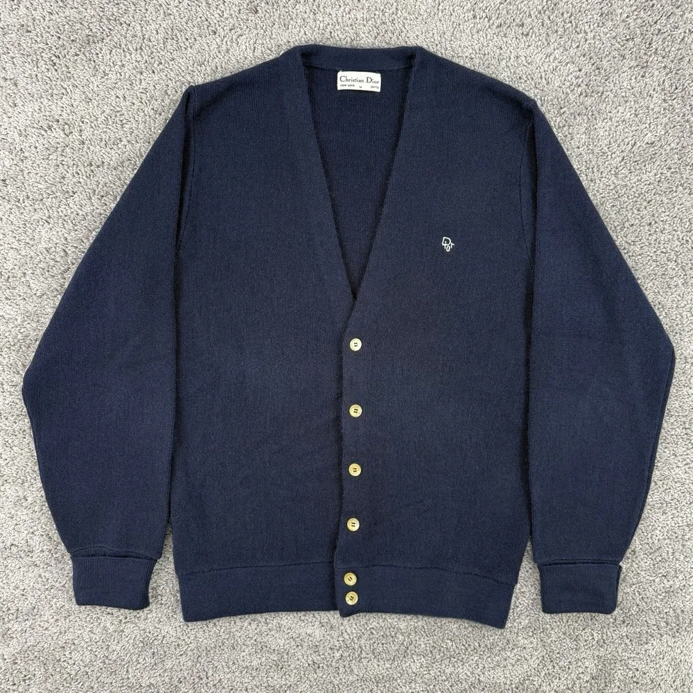 Vintage 80s Christian Dior Cardigan Men's M Navy 100% Orlon Acrylic Made In USA